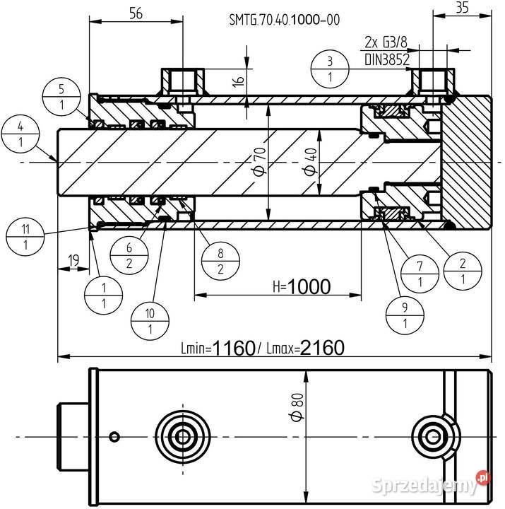 SIŁOWNIK HYDRAULICZNY SMTG 70x40 SKOK 1000