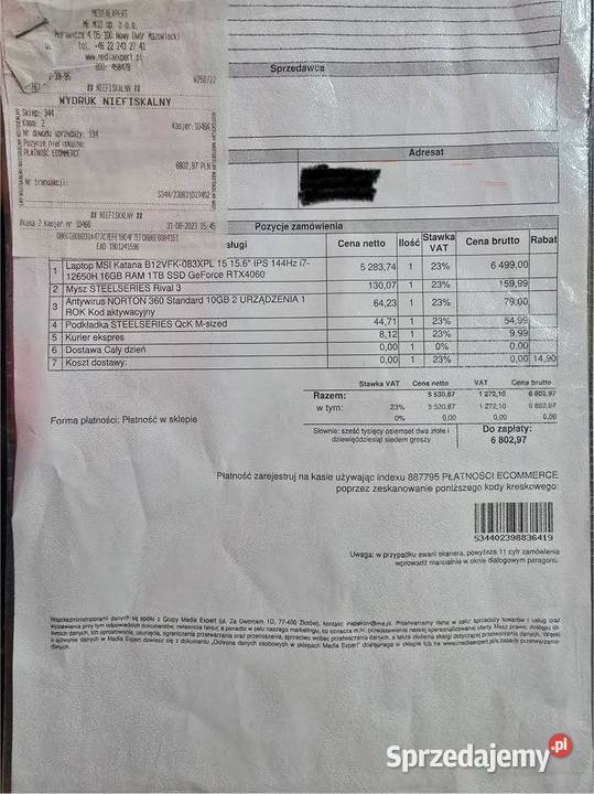 Laptop gamingowy MSI Katana 15 B12VFK i712650H MSI mazowieckie sprzedam