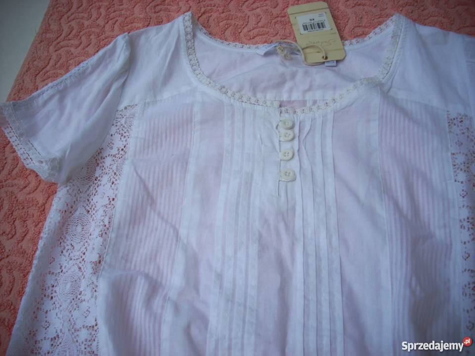 Biała Koszula Bluzka Bawełna Koronka 34 36 krótki