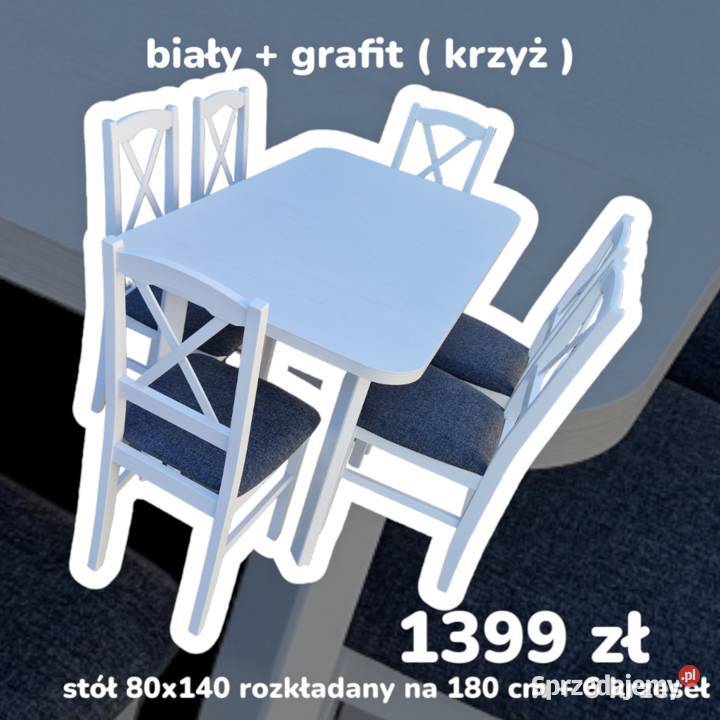 NOWE: Stół 80x140/180 + 6 krzeseł, biały + grafit ( krzyż)
