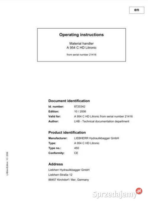 LIEBHERR A954 C HD LITRONIC instrukcja obsługi Kielce