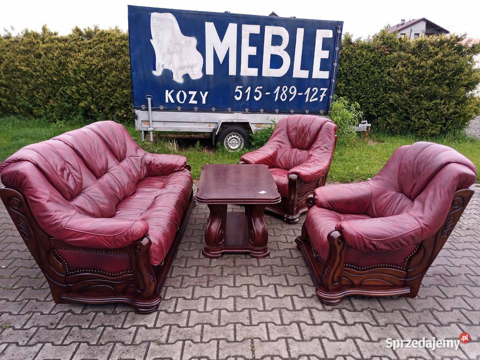 Komplet SANTIAGO 311 i Ława Dąb Skóra Bordo Kozy