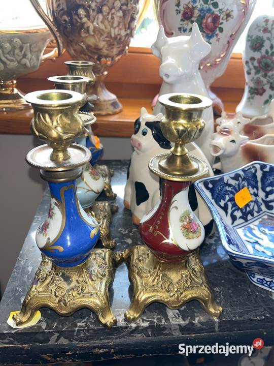 Świecznik porcelana i mosiądz Szafirowy malowany pomorskie Gdańsk