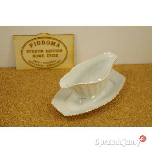 Biała porcelanowa sosjerka z podstawką i Porcelana i szkło