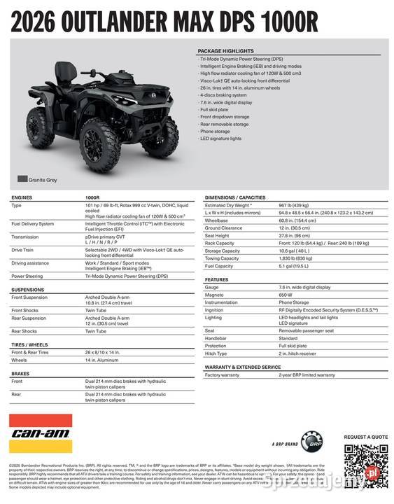 CanAm Outlander DPS 1000R 4RTB Granite Grey 2026 bezwypadkowy Nowy Sącz