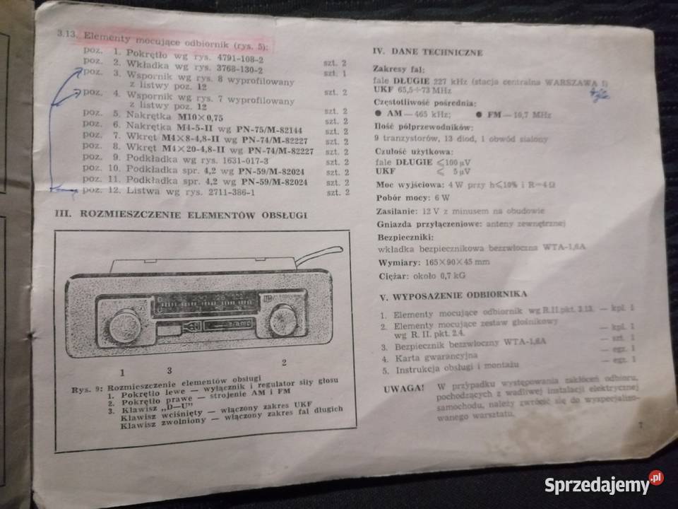 Instrukcja obsługi radia samochodowego Unitra Kraków