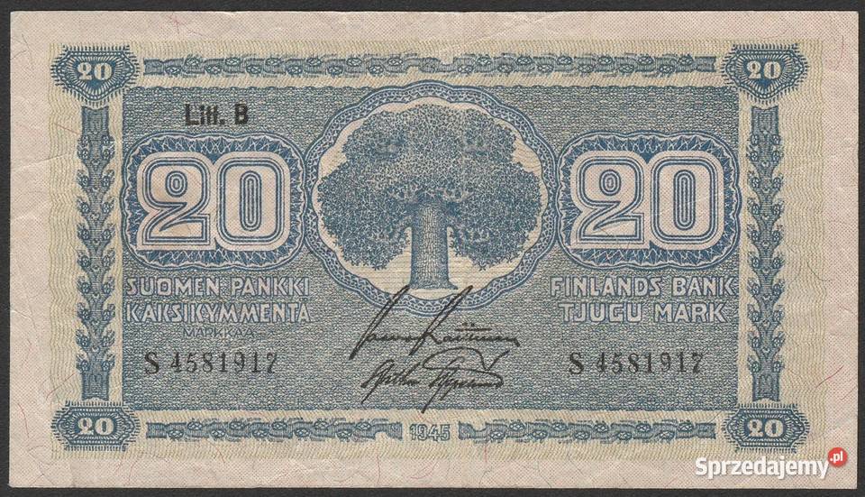 FINLANDIA 20 MARKKAA MAREK 1945 łódzkie Łódź