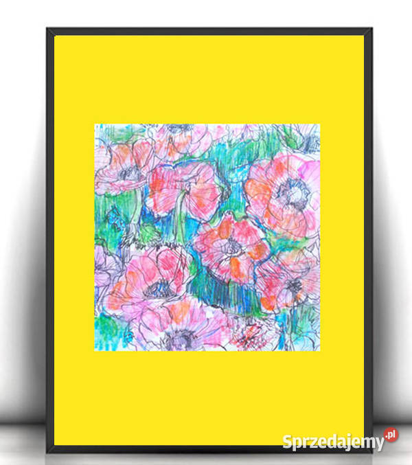 łąka rysunek A4 maki obrazek 21x30 kwiaty sprzedam