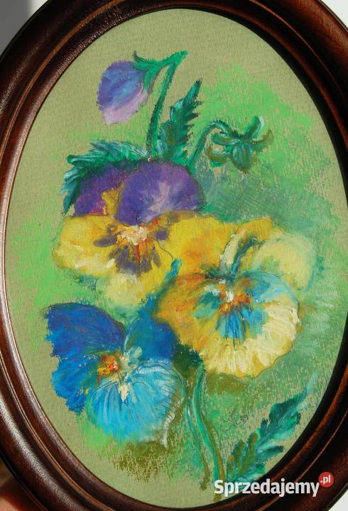 Bratki kwiaty malowane pastele obrazek vintage Lublin