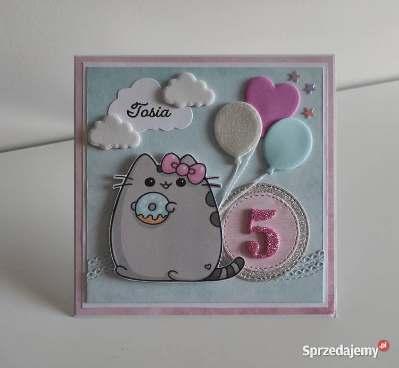 Kartka ręcznie robiona na urodziny kotek Pusheen Łódź