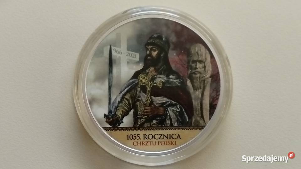 Srebrny numizmat 1055 rocznica chrztu Polski Numizmatyka wielkopolskie Mosina