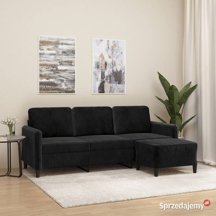 3osobowa sofa z podnóżkiem czarna 180 aksamit Warszawa