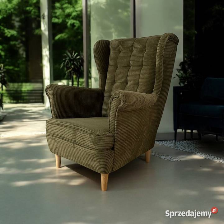 Fotel Uszak Skandynawski Sztruksowy Militarna Fotele wielkopolskie Tarchały Małe
