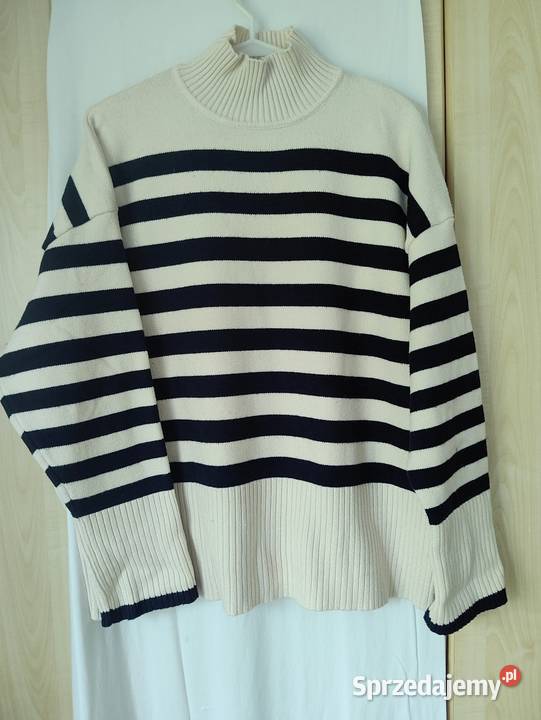 Sweter kremowy w paski oversize Zara Swetry i golfy Ruciane-Nida