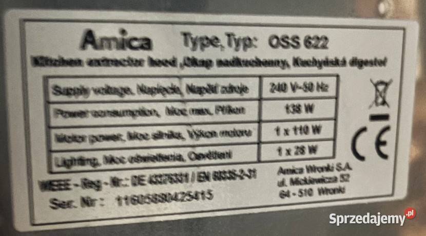 Okap kuchenny AMICA OSS622 2 filtry Dom i Ogród podkarpackie