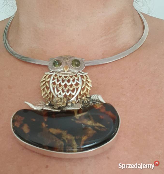 Sowa 925 i bursztyn bałtycki srebrne