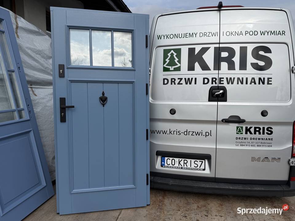 Drzwi zewnętrzne drewniane RĘKI niebieskie Drzwi zewnętrzne Kraków sprzedam