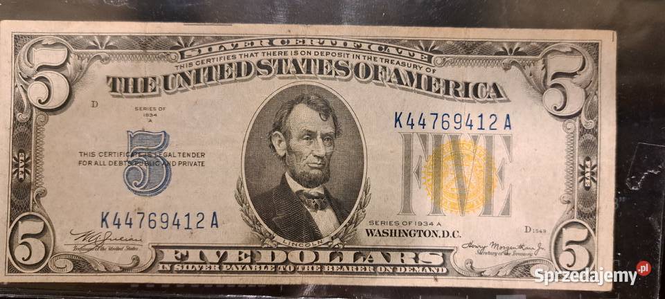 banknot pięć dolarów 1934 roku żółta pieczątka sprzedam