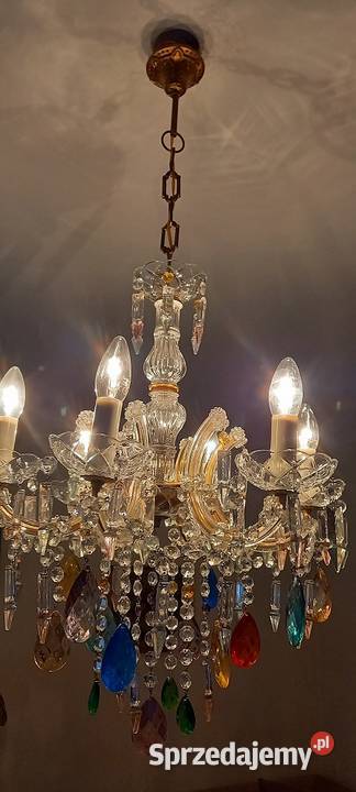 Szklany sześcioramienny żyrandol z kolorowymi łódzkie Skierniewice sprzedam
