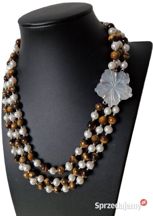 PERŁY NATURALNE I TYGRYSIE OKO NASZYJNIK W STYLU Częstochowa