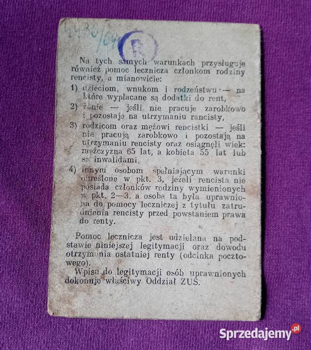 Legitymacja rencisty PRL Wydana w 1969 r Koźminek