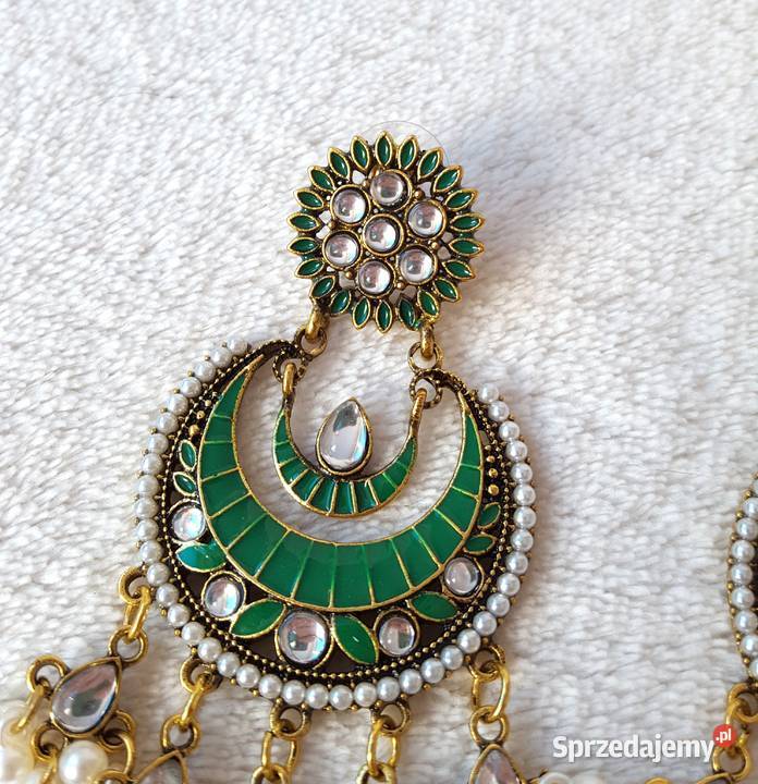 Długie kolczyki zielony złoty kolor indyjskie Szczecin sprzedam