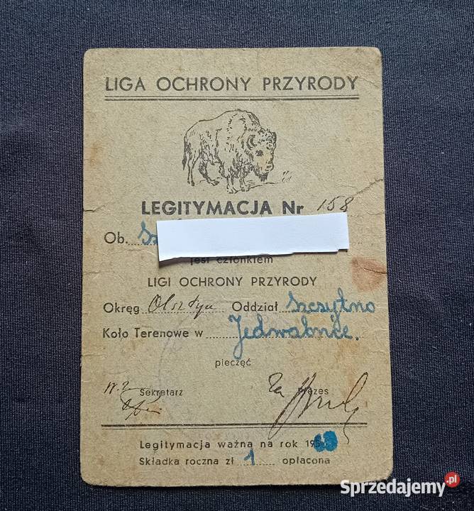 Legitymacja Ligi Ochrony Przyrody z PRL Szczytno Koźminek