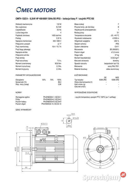 silnik elektryczny 92kW 1400obr 3fazowy 132B5 Pigża