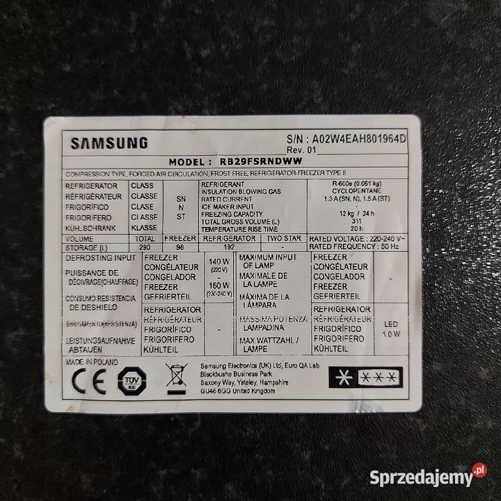 Lodówka SAMSUNG uszczelka chłodziarki Tarnów Opolski sprzedam