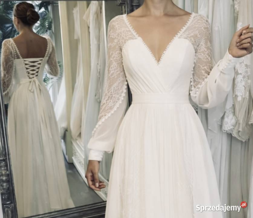 Suknia ślubna wiązana boho ivory rękawy Odzież ślubna Jelenia Góra