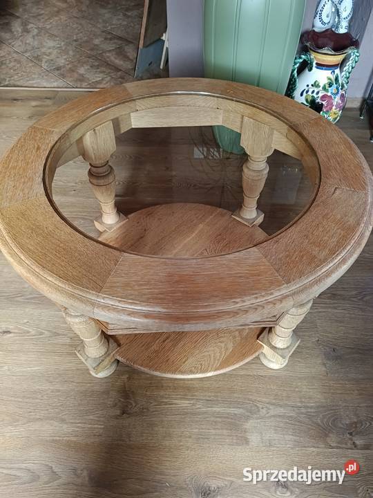 Ława dębowa ze szklanym blatem ciężka jasna Lipno