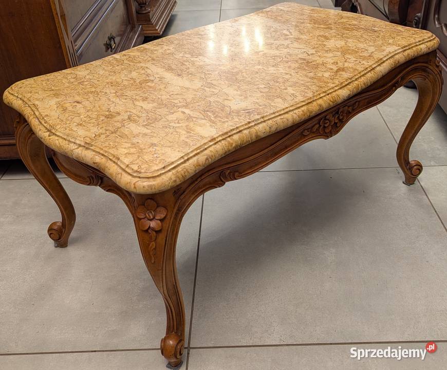Piękny orzechowy stolik ludwikowski z marmurem Dąbrowa Górnicza