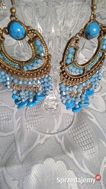 TURKUSOWO ZŁOTE OKAZAŁE KOLCZYKI Piła