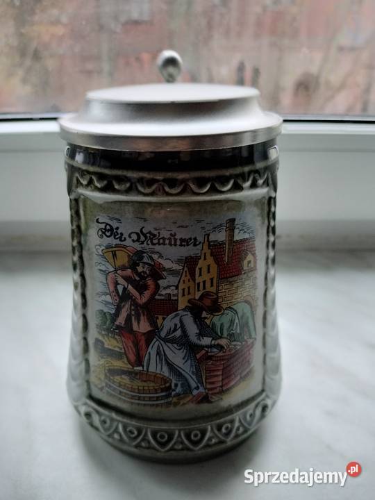 Duży kufel gliniany z deklem z cyny Jerz Choszczno