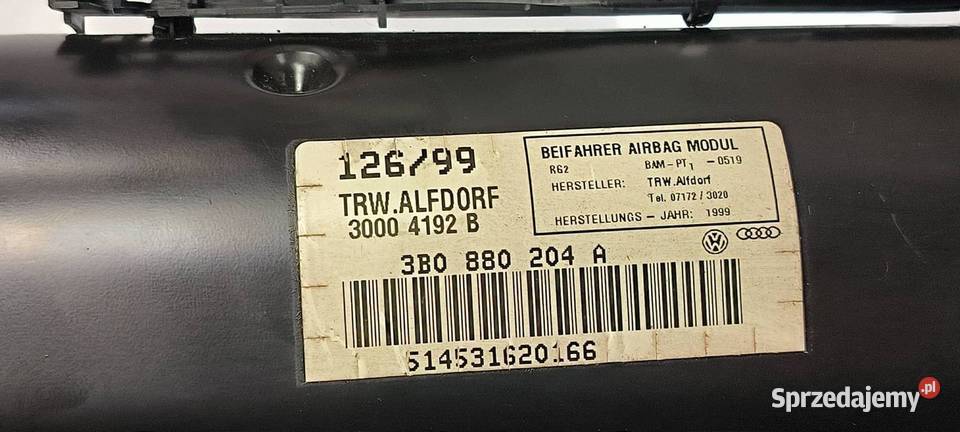 PODUSZKA AIRBAG VOLKSWAGEN PASSAT B5 3B0880204 kujawsko-pomorskie Lipno sprzedam