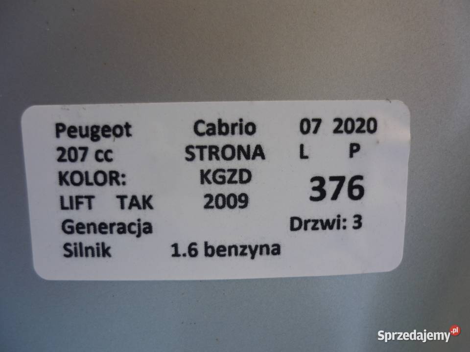 PEUGEOT 207 CC I KGZD 3D KLAPA TYŁ GÓRA wielkopolskie Zbierkowo sprzedam