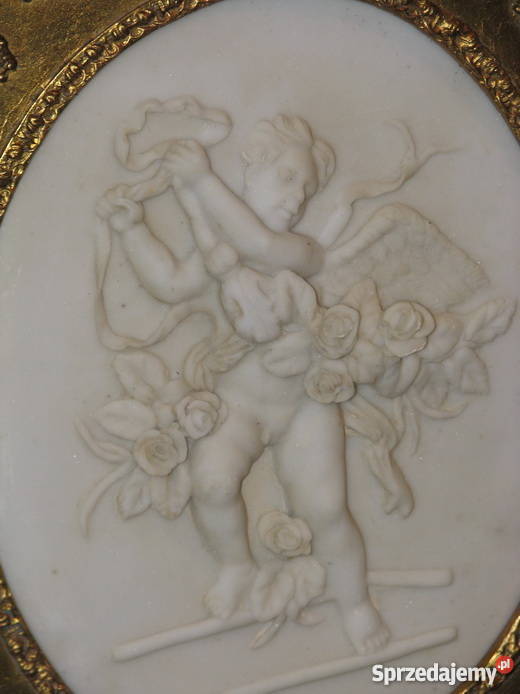 CUDOWNY alabaster DUŻY OBRAZ anioly ZŁOTA RAMA
