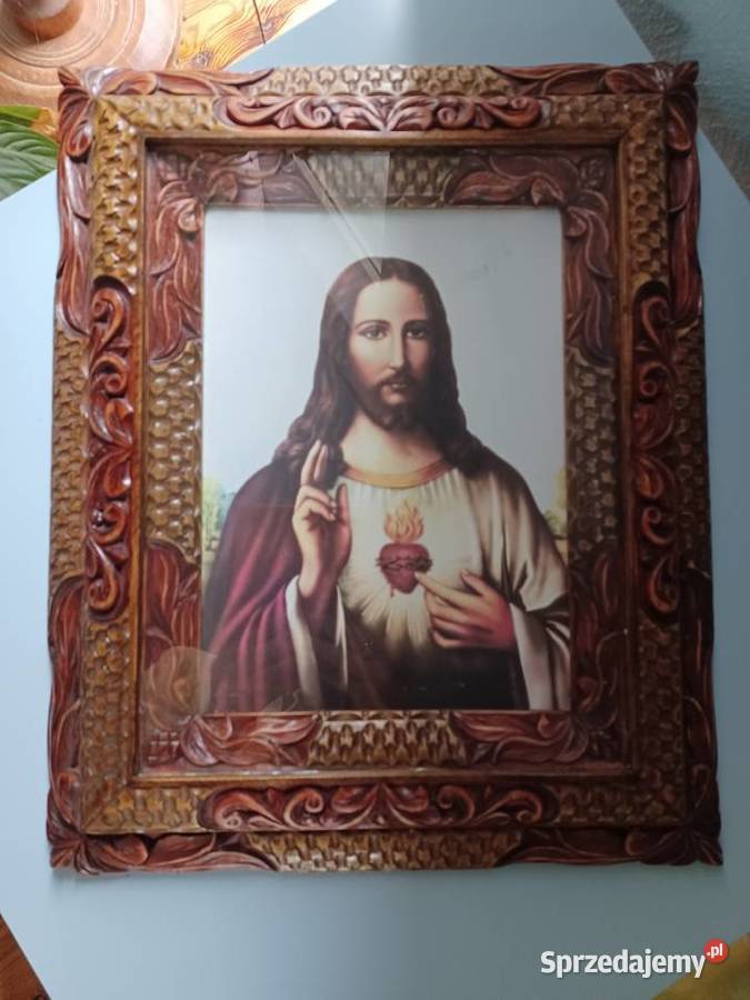 Piękna stara rama ręcznie rzeźbiona z Jezusem Łódź