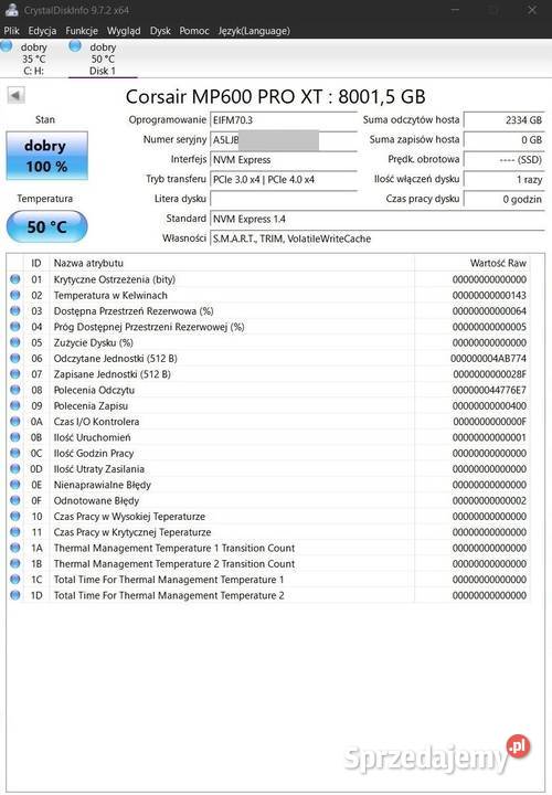 Dysk SSD Corsair MP600 Pro XT 8TB M2 nVme 8000GB Pojemność > 3000 Tarnów