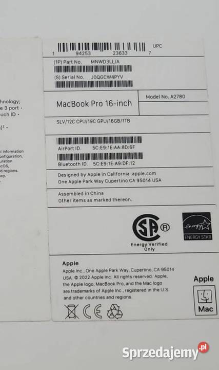 Laptop APPLE MacBook Pro 2023 16 Retina M2 Pro 16GB Apple Szczecin