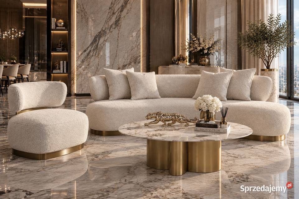Sofa glamour boucle biała ecru 257 ze złotą Golkowice