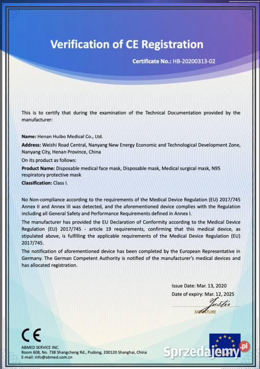 Maska ochronna KN95 FFP2 certyfikaty pakiet 2640 Radomsko
