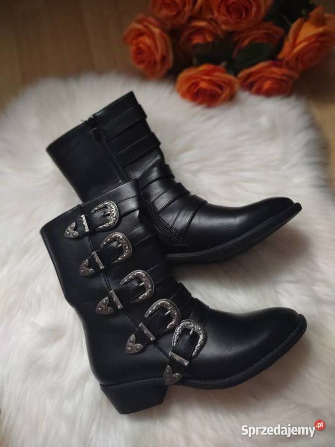 Czarne Botki Kowbojki ze Sprzączkami 37 Mevosho Damskie Olkusz