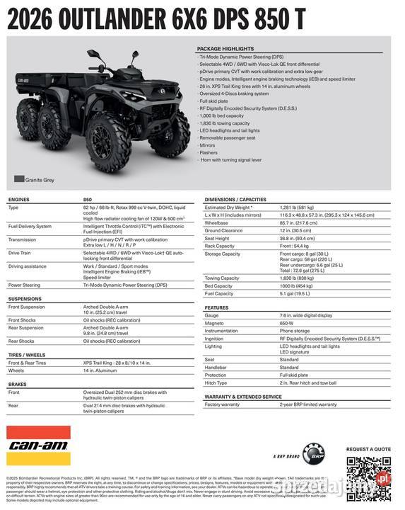 Quad CanAm Outlander 6x6 DPS 850 T T3b 2GTA 2026 wał Kardana Nowy Sącz