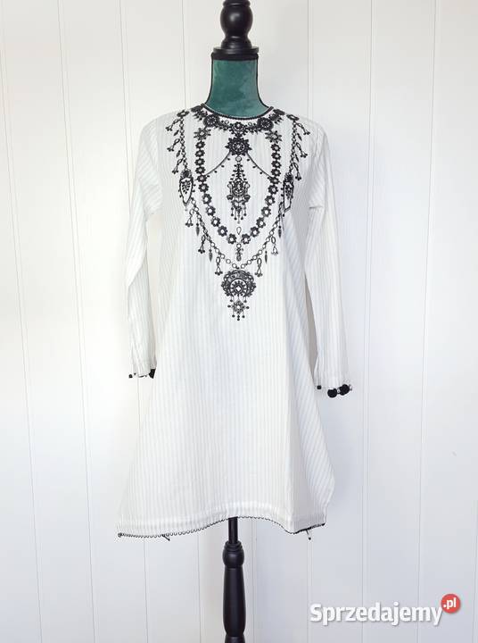 Nowa tunika indyjska S 36 biała bawełna w paski Bluzki i koszule sprzedam