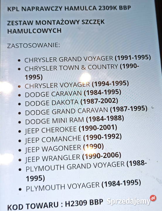 Zestaw naprawczy hamulca h2309 bbp do jeep Fugasówka