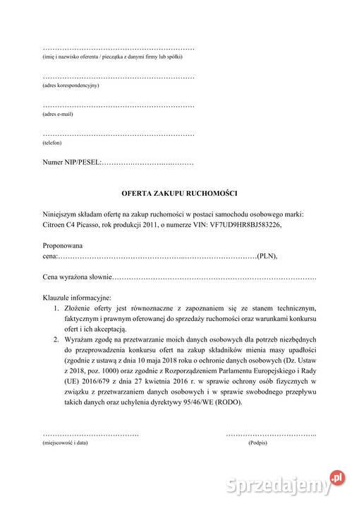 Syndyk sprzeda Citroena C4 Picasso centralny zamek Warszawa