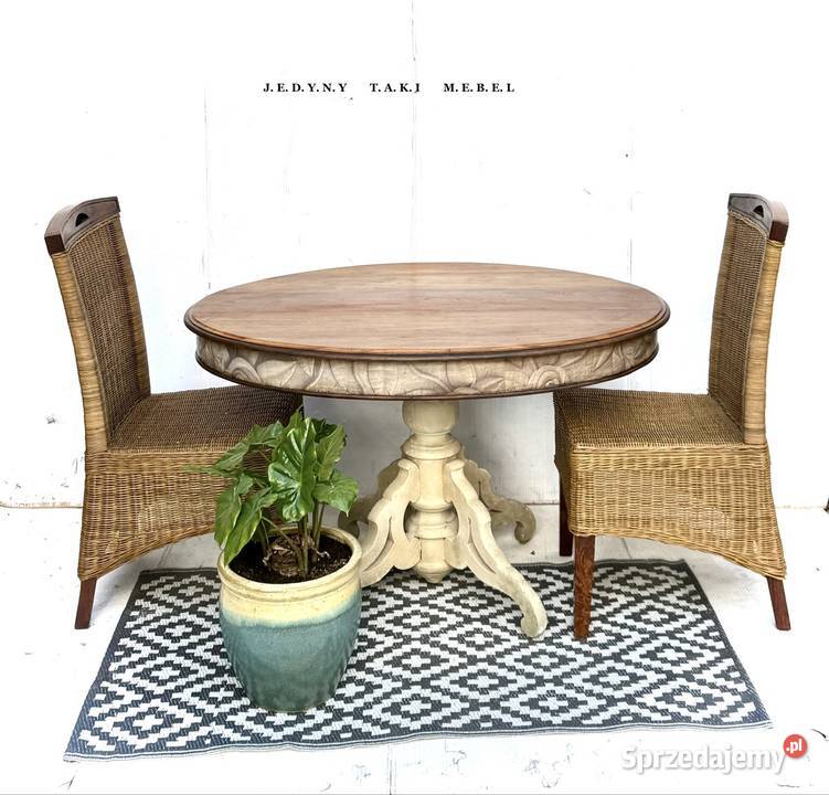 Zestaw stół 4 krzesła rattanowe vintage shabby 90cm Przeworsk