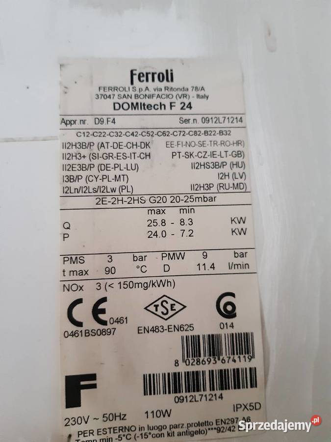 Piec gazowy Ferroli DOMItech F 24 zam kom spal dwufunkcyjny Piaseczno ...