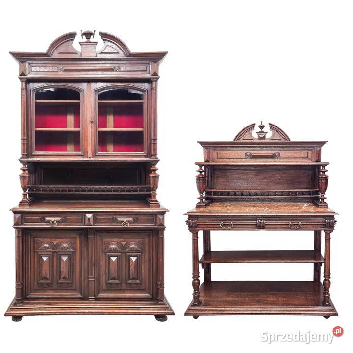 Antyk KOMPLET zdobiony KREDENS ORZECHOWY Kalisz